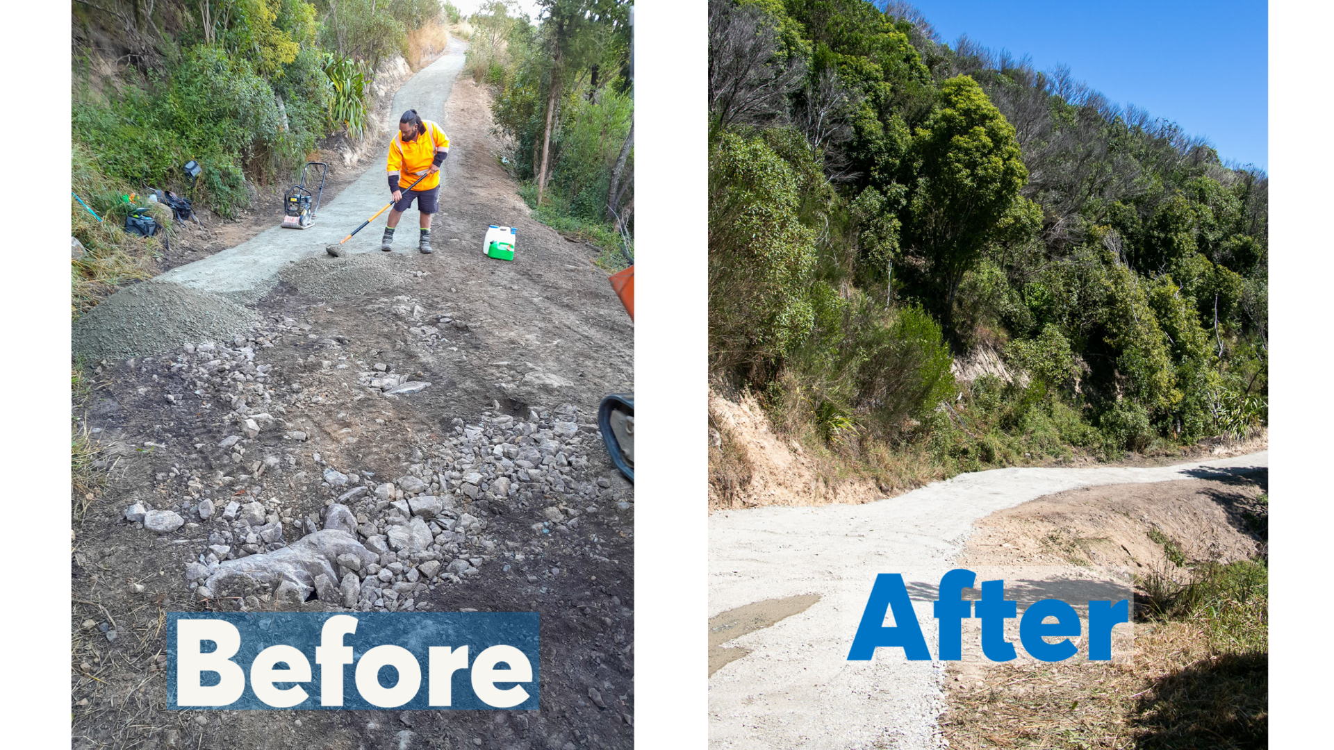 Before and After shot of the work completed on Sir Stanley Whitehead Track.