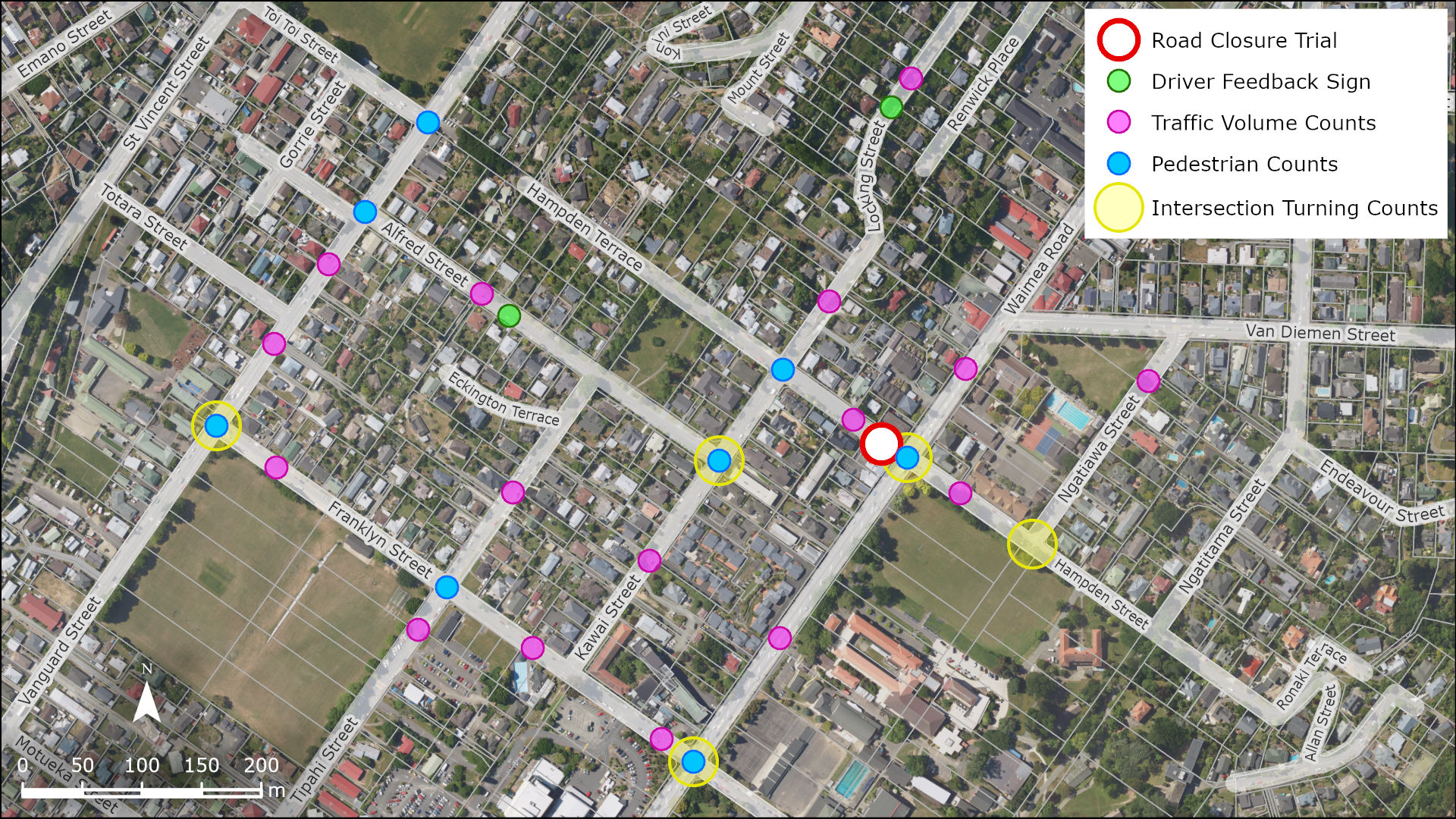 Locations of the monitoring sites during the trial closure.