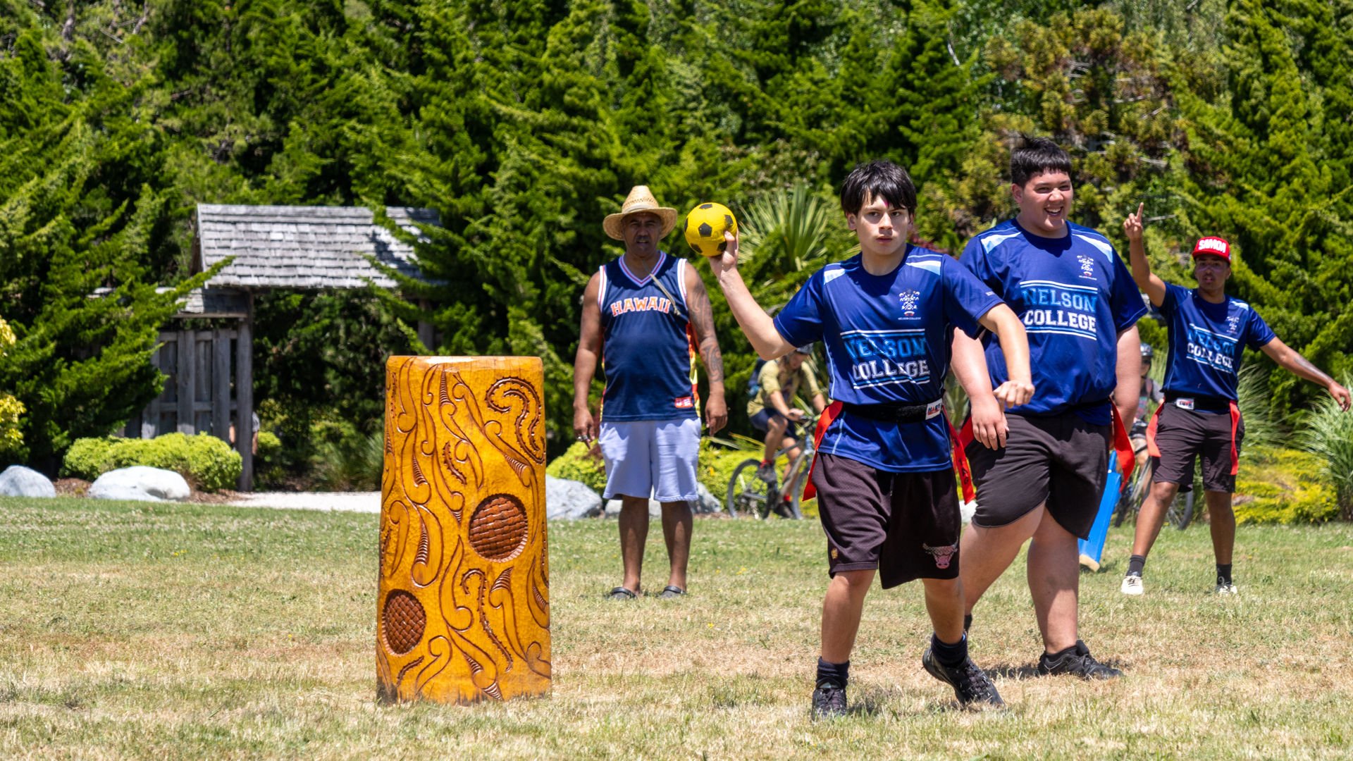 Nelson Tasman Secondary school students play Kī-o-Rahi at QEII Reserve.