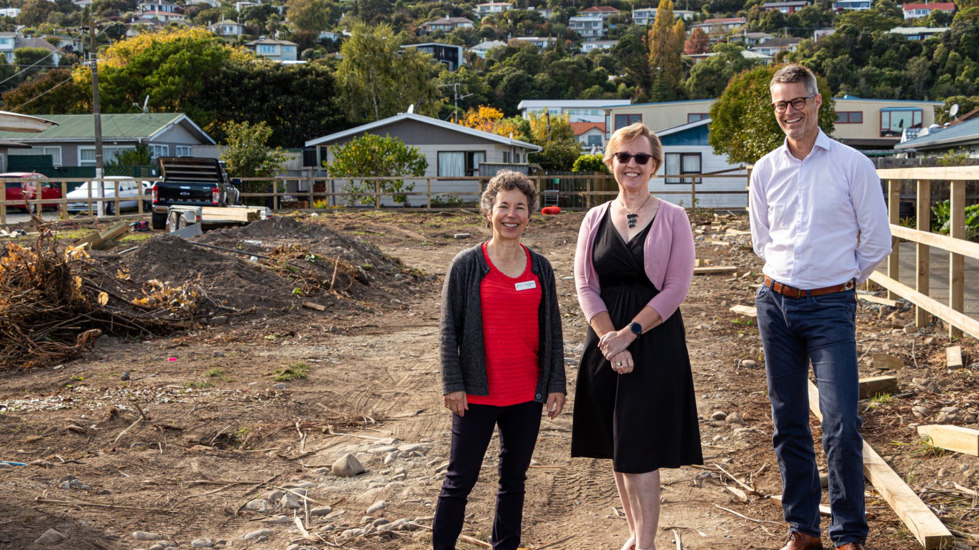 NTHT Director Carrie Mozena, Deputy Mayor Judene Edgar and Habitat for Humanity Nelson General Manager Nick Clarke at 99 Muritai Street 