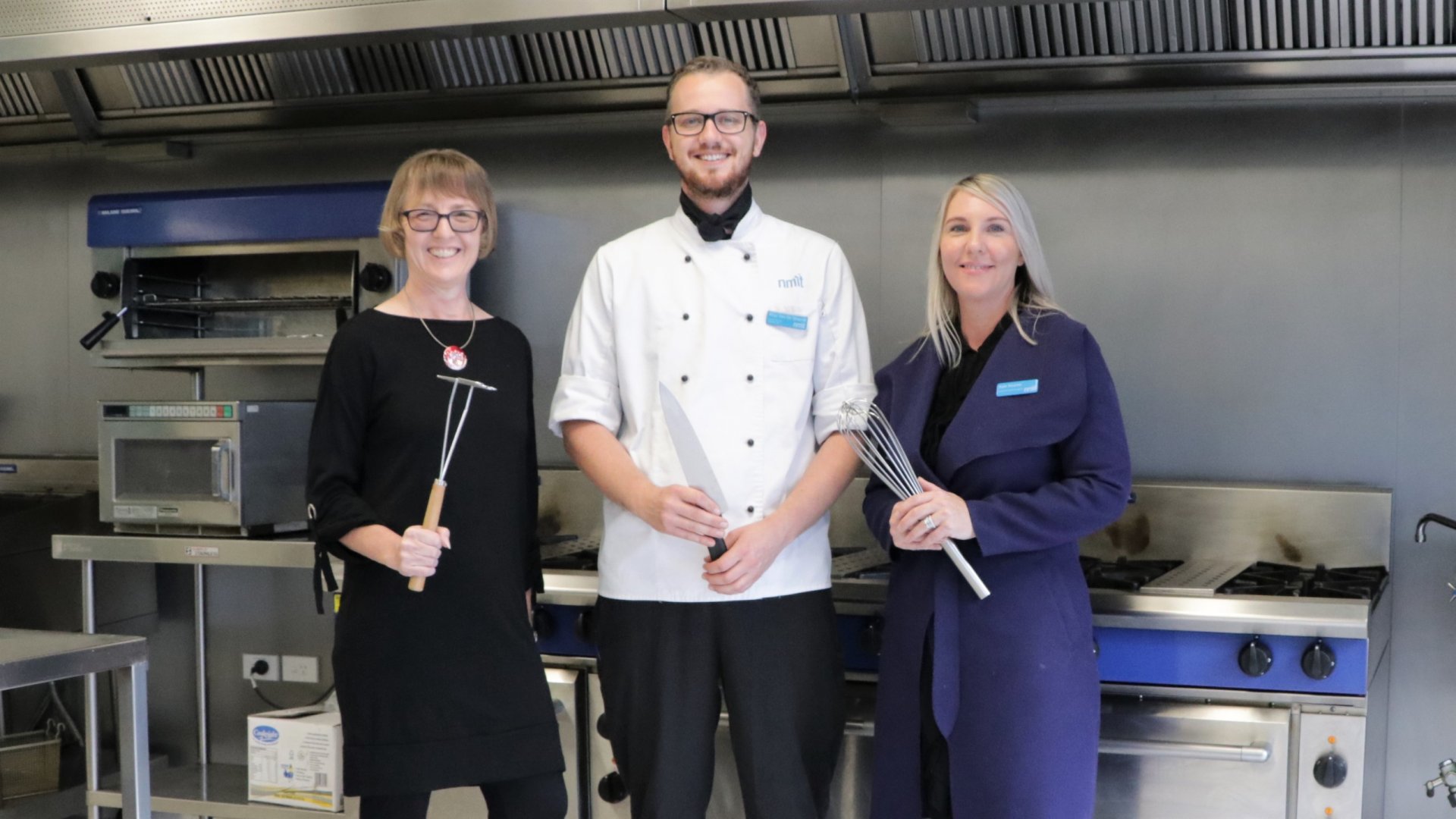 Photo: (L to R) Deputy Mayor Judene Edgar, NMIT Production & Catering Chef Rhys Van De Waardt and NMIT Hospitality Services Manager Kate Neame. 