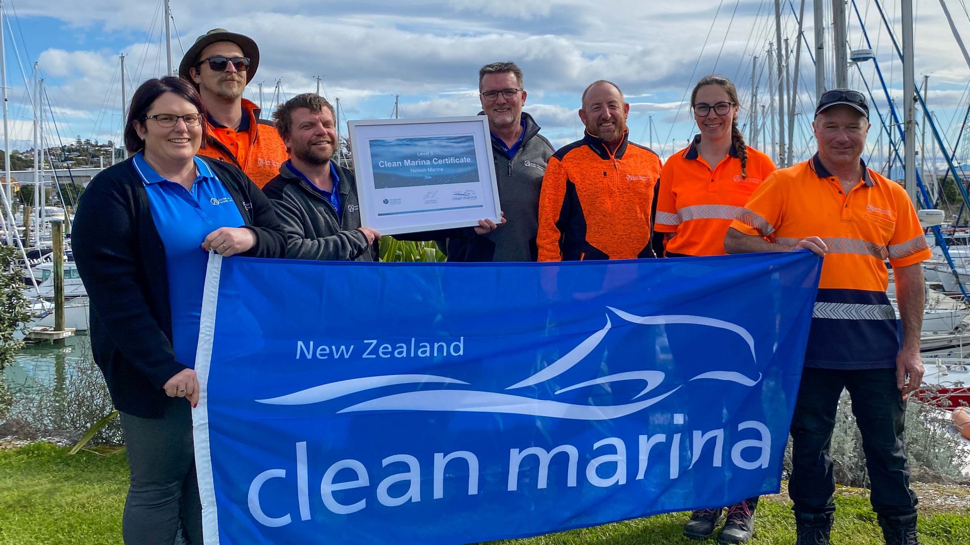 Nelson Marina team, left to right: Melissa Spijkerman, Gordy May, Alex Ive, Nigel Skeggs, Blair Taylor, Kirsty McLean, Lauchlan Dauber  