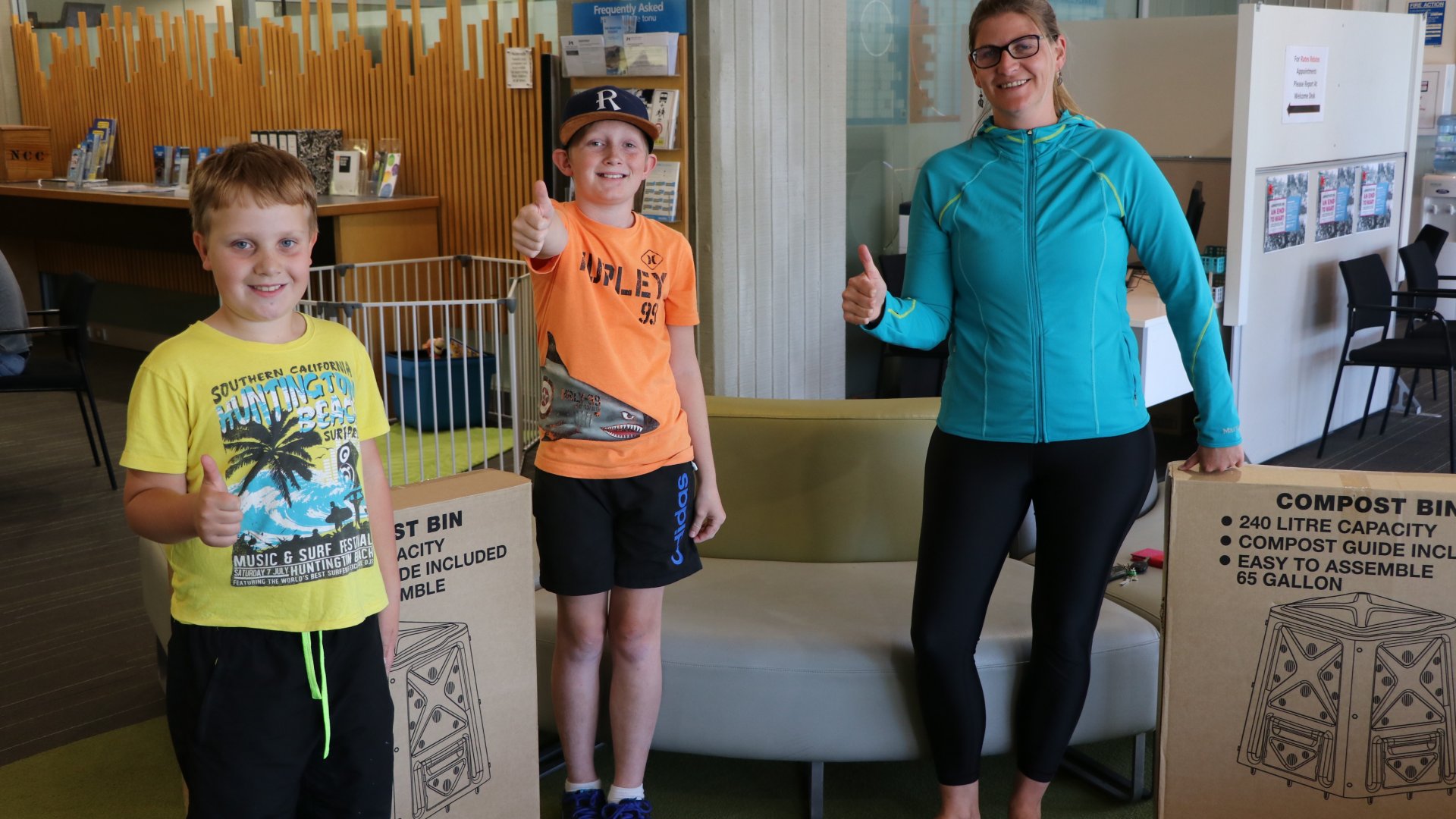 Lochy, 9, left and cousin Riley Webster, 10, along with Laura Proctor are all excited to be getting into composting.