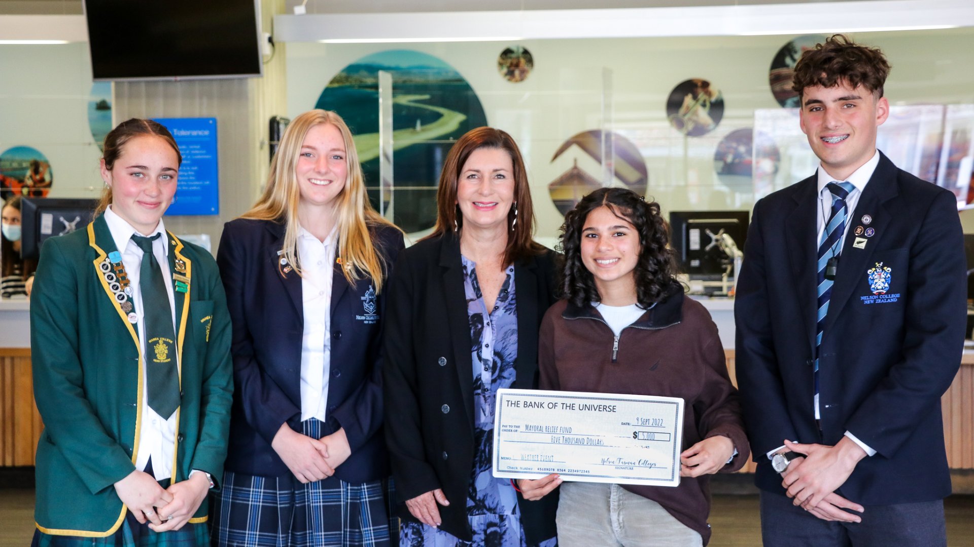 Image: Izzy Thurlow (Waimea College), Ali Greer (Nelson College for Girls), Nelson Mayor Rachel Reese, Anushka Castaing (Nayland College), Matt Donald (Nelson College)