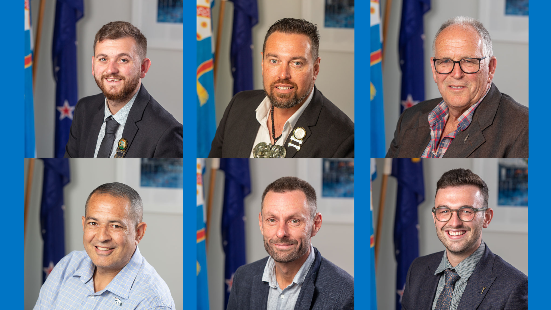 Top row, from left: Councillors Campbell Rollo, Kahu Paki Paki, Matthew Benge. Bottom row, from left: Councillors Matty Anderson, Aaron Stallard, James Hodgson