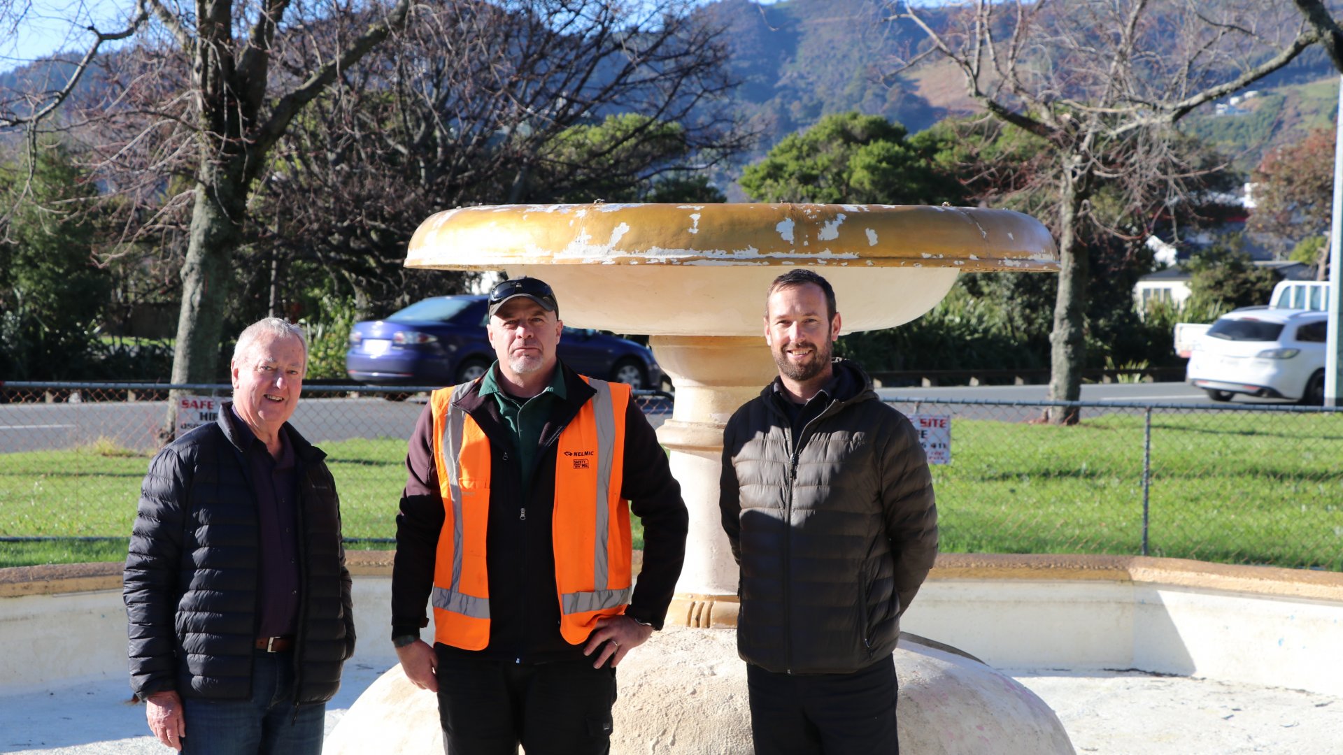 Roger Nicholson from Civic Trust, Bryan Hemi from Nelmac and Stephen Pattinson from Nelson City Council review the work being done on Moller Fountain. 