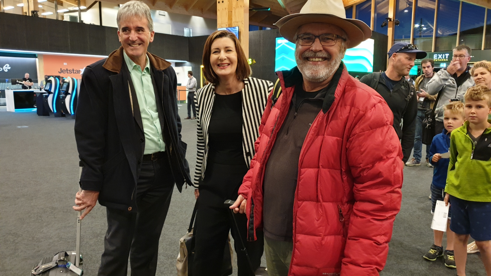 Tasman District Council Mayor Richard Kempthorne, Nelson Mayor Rachel Reese and passenger Bruce Bennett at the new Nelson Airport terminal.
