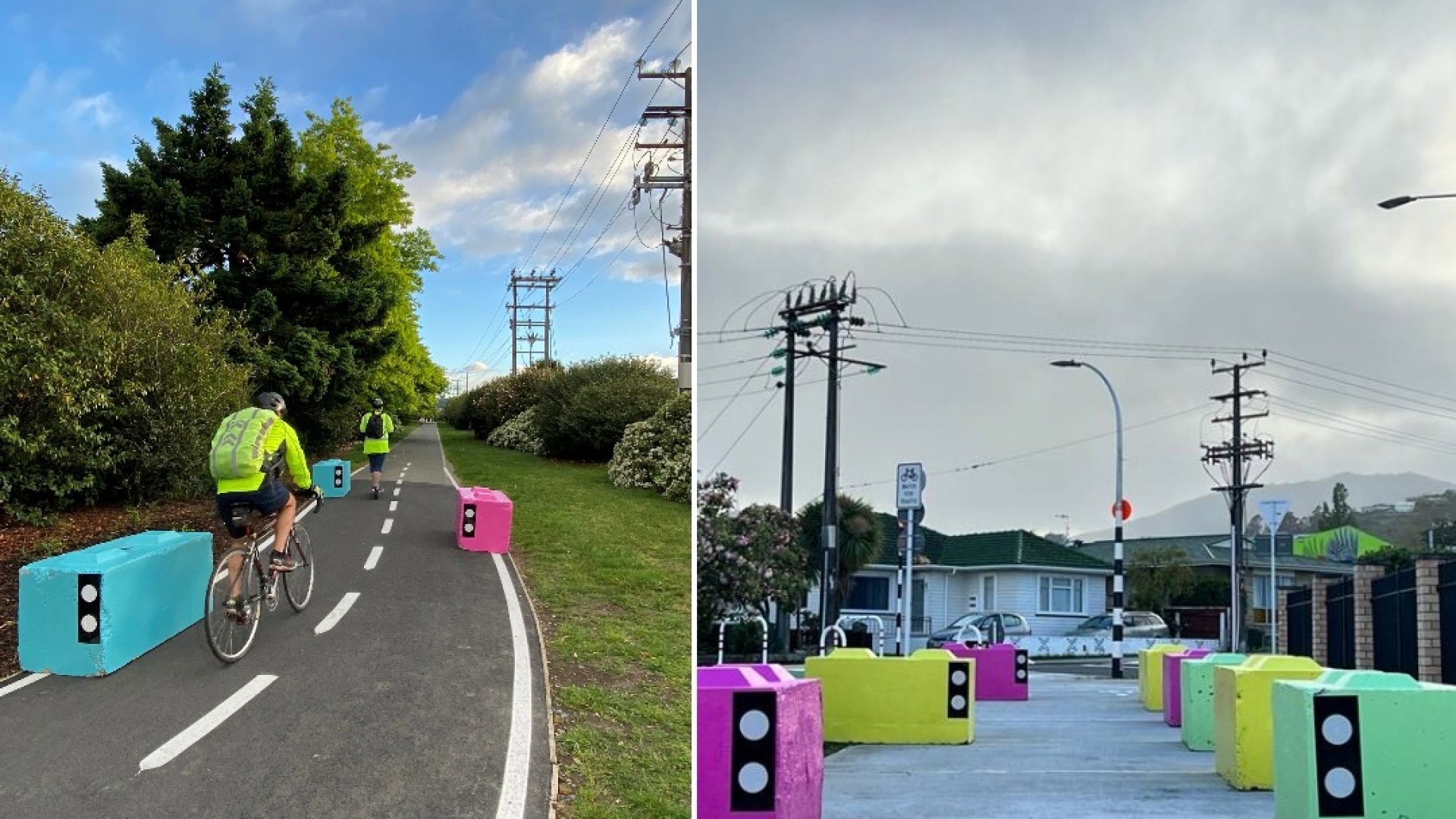 The large coloured blocks installed in October as a trial to encourage cyclists to slow down as they approach Songer Street. 