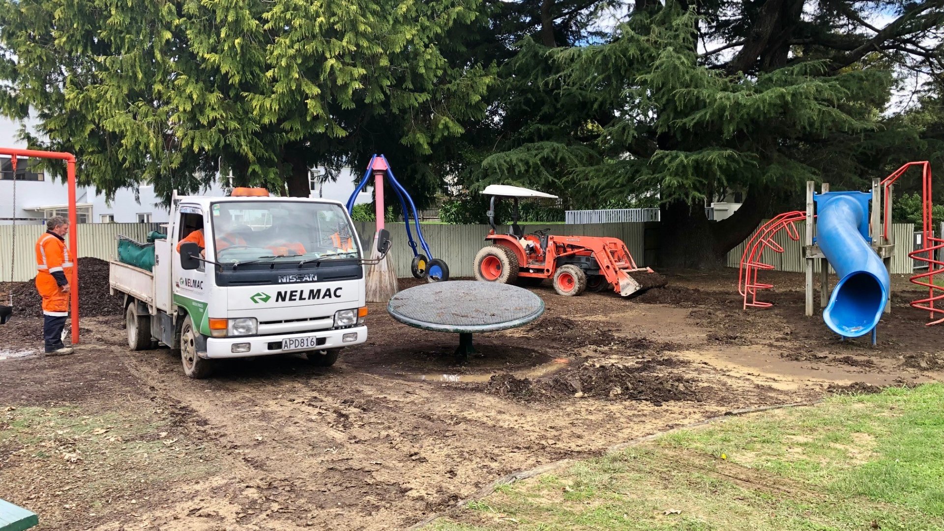Council contractors at work cleaning-up and restoring the playground at Riverside park. Council contractors at work cleaning-up and restoring the playground at Riverside park.