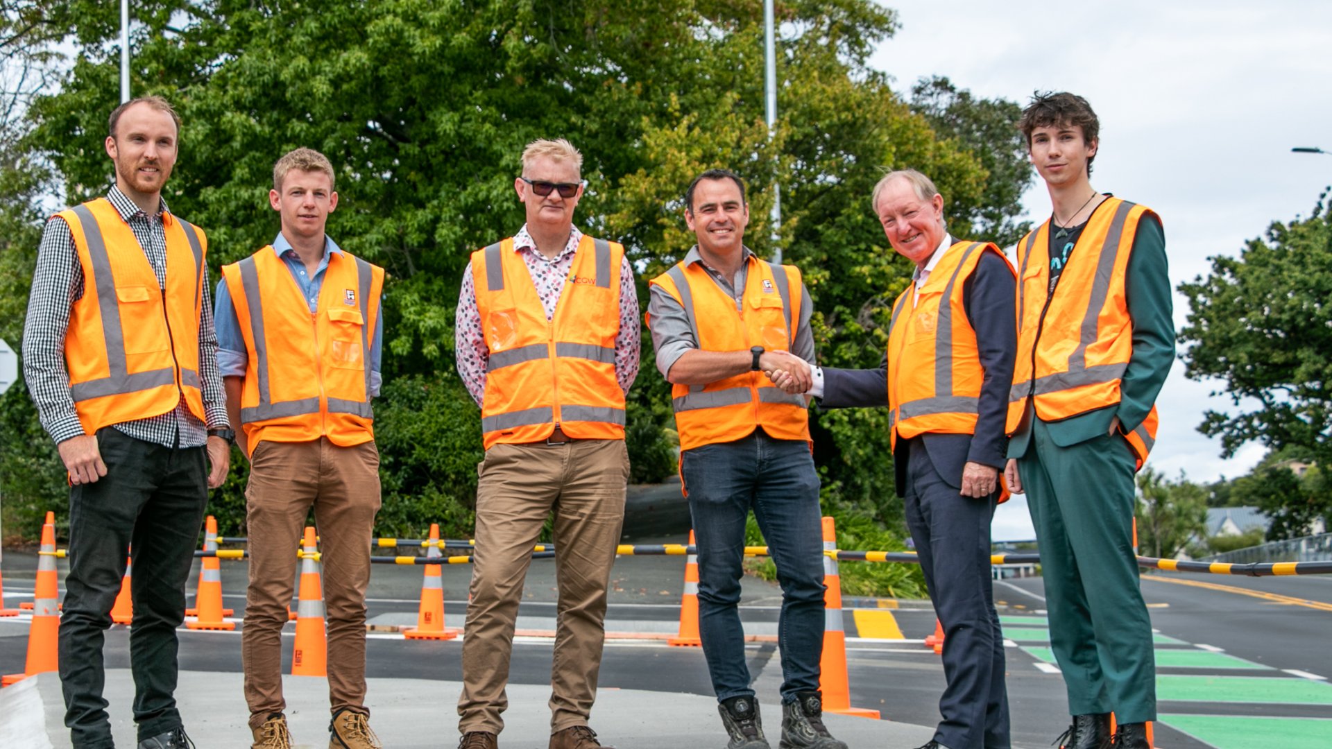 From left: Nelson City Council Project Manager Cameron Ford, Fulton Hogan Project Manager Josh Turner, CGW Director - Land and Infrastructure Rowan Puklowski, Fulton Hogan Executive Divisional Manager Eamon Powick, Nelson Mayor Nick Smith, Nelson Deputy Mayor Rohan O'Neill-Stevens