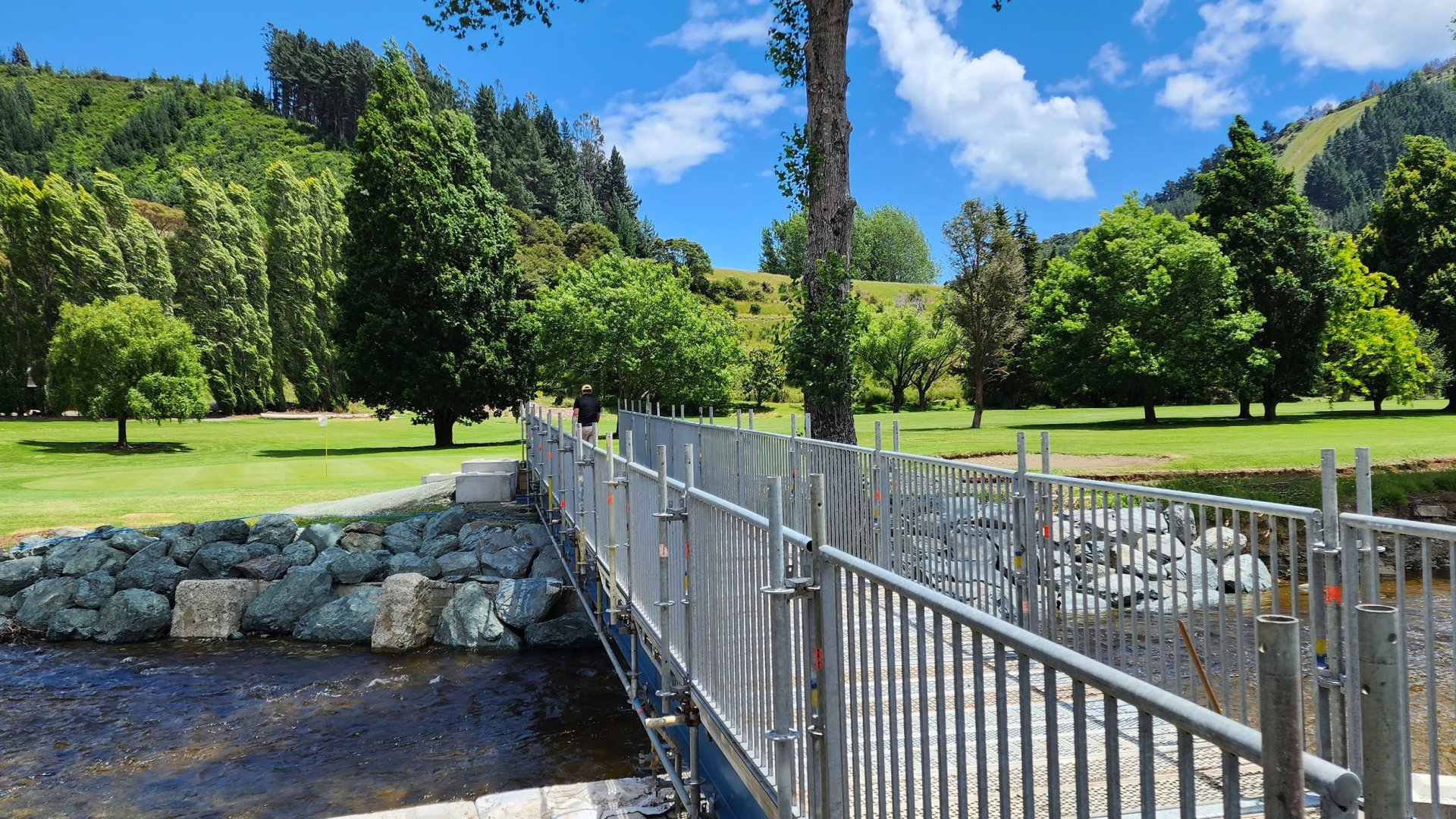 The temporary footbridge installed at Waahi Taakaro Golf Course after the August 2022 weather event damaged the previous bridge. 