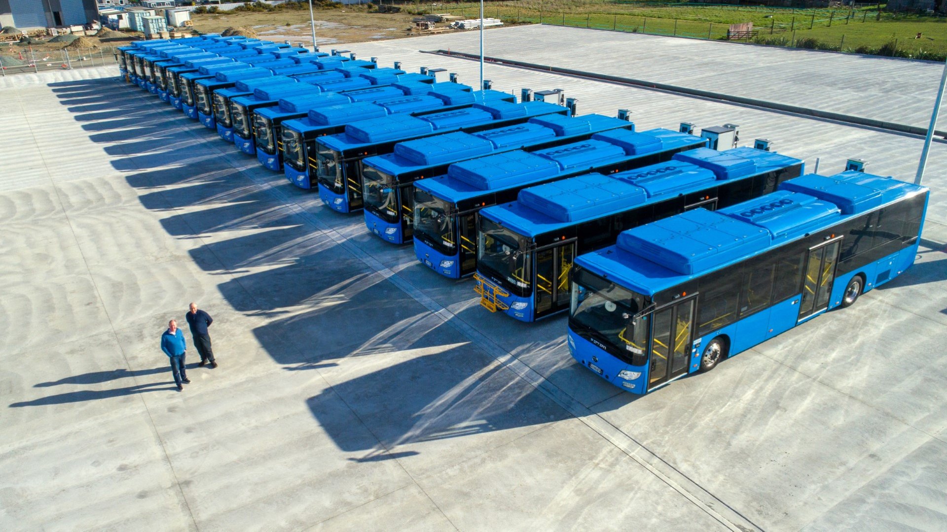 Nelson Mayor Nick Smith and Acting Tasman Mayor Stu Bryant with the 17 new electric buses