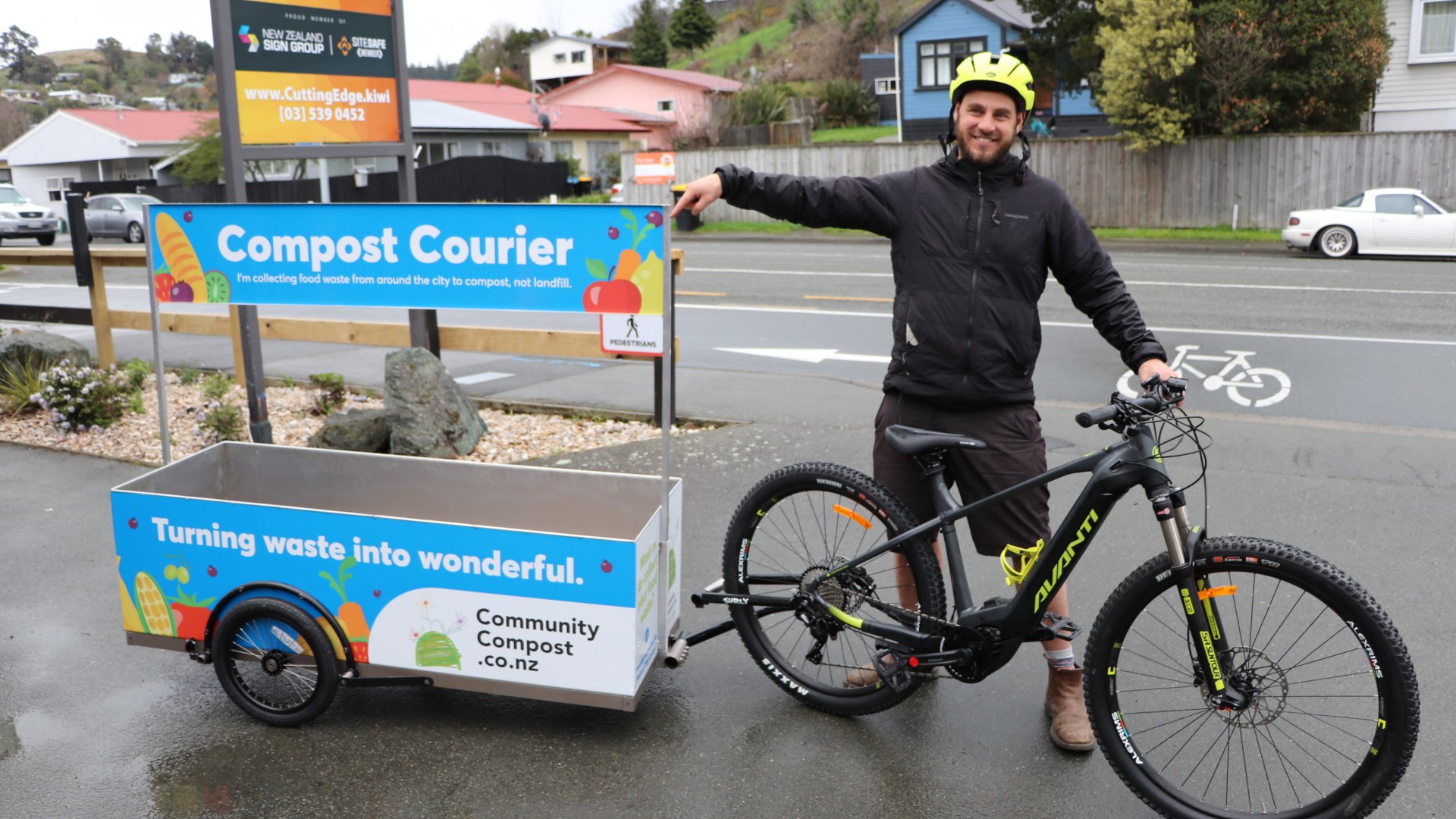 Community Compost’s Ben Bushell with the new e-bike and food waste trailer. 