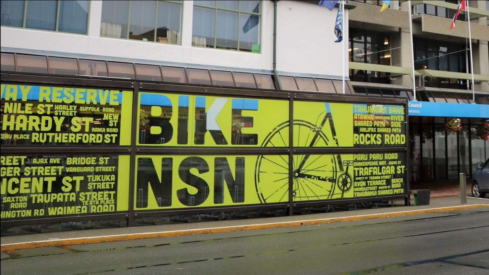 The Trafalgar Street bike shelter, one of two to feature pride decals recognising Nelson's rainbow communities. 
