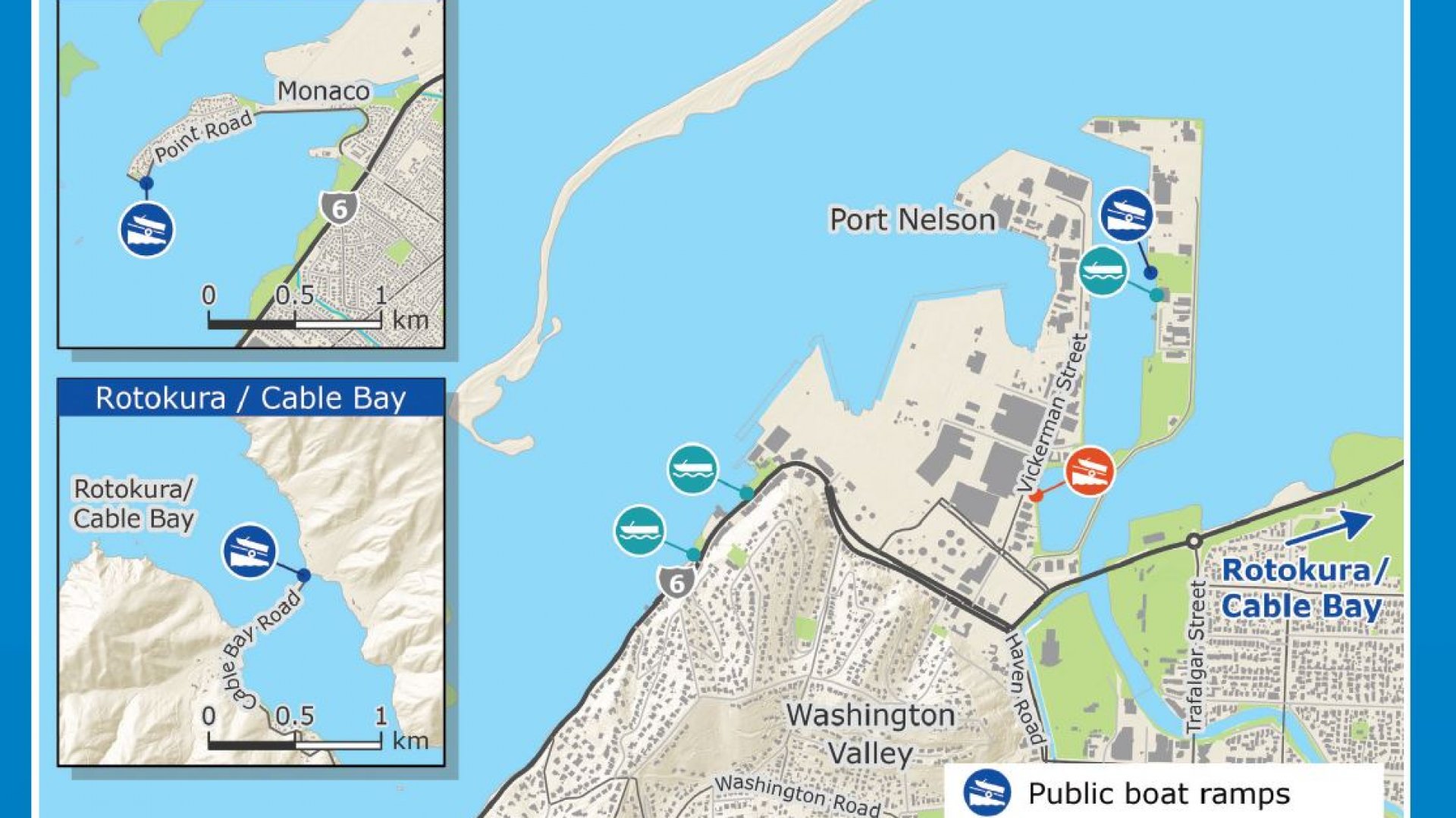 Map of  approved boat launching ramps in Nelson.