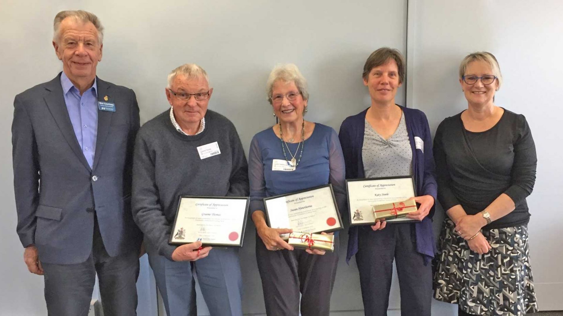 Councillor Mel Courtney (pictured left) and Community Services Committee Chair Gaile Noonan (right) presented Graeme Thomas (L to R), Susan Hawthorne, Katy Steele, and Rachel Saunders (absent) with a certificate and gift for their contribution over the last three years in November 2019.