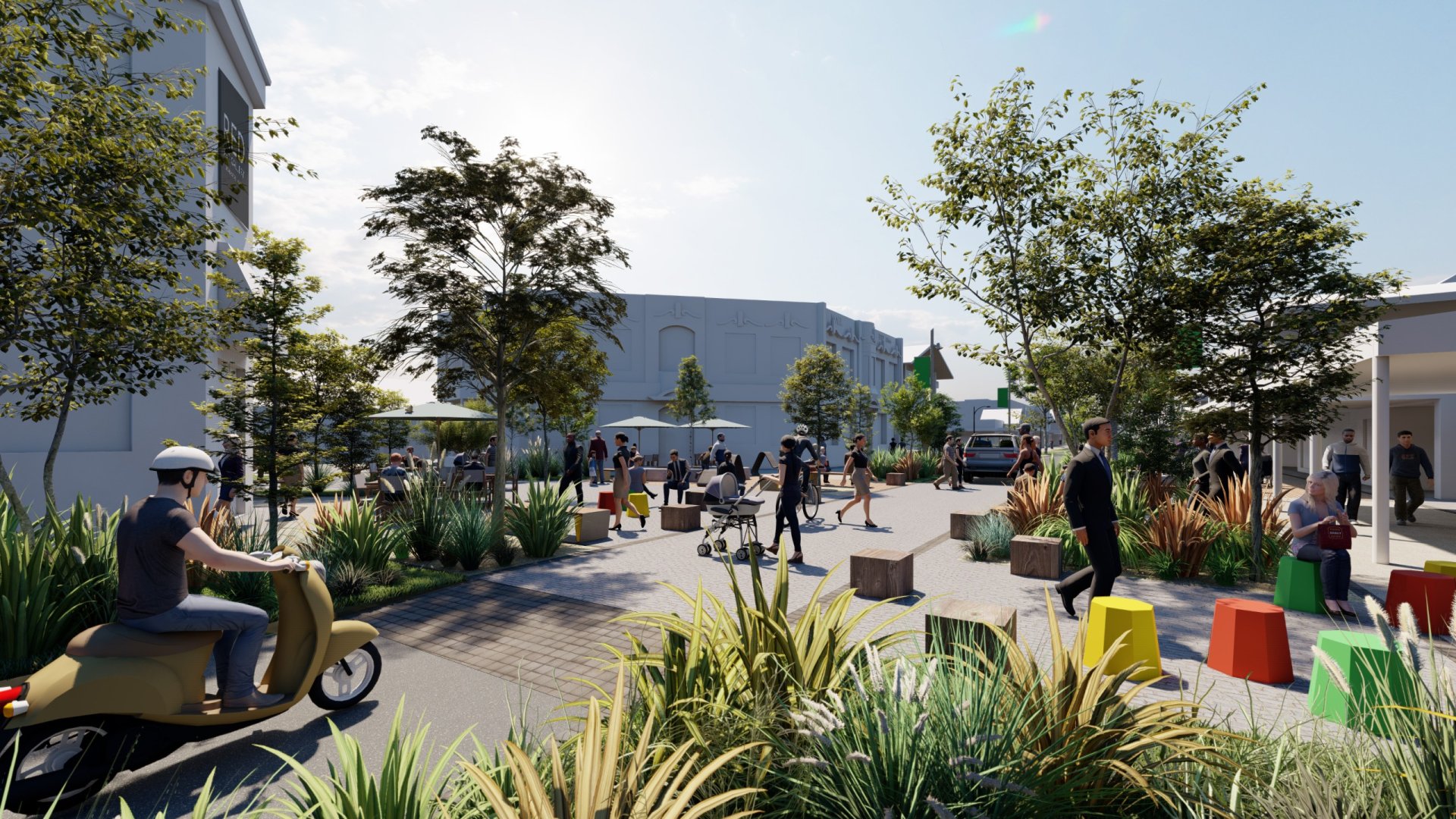 Concept image from Te Ara ō Whakatū - the Nelson City Spatial Plan showing the Bridge Street linear park. 