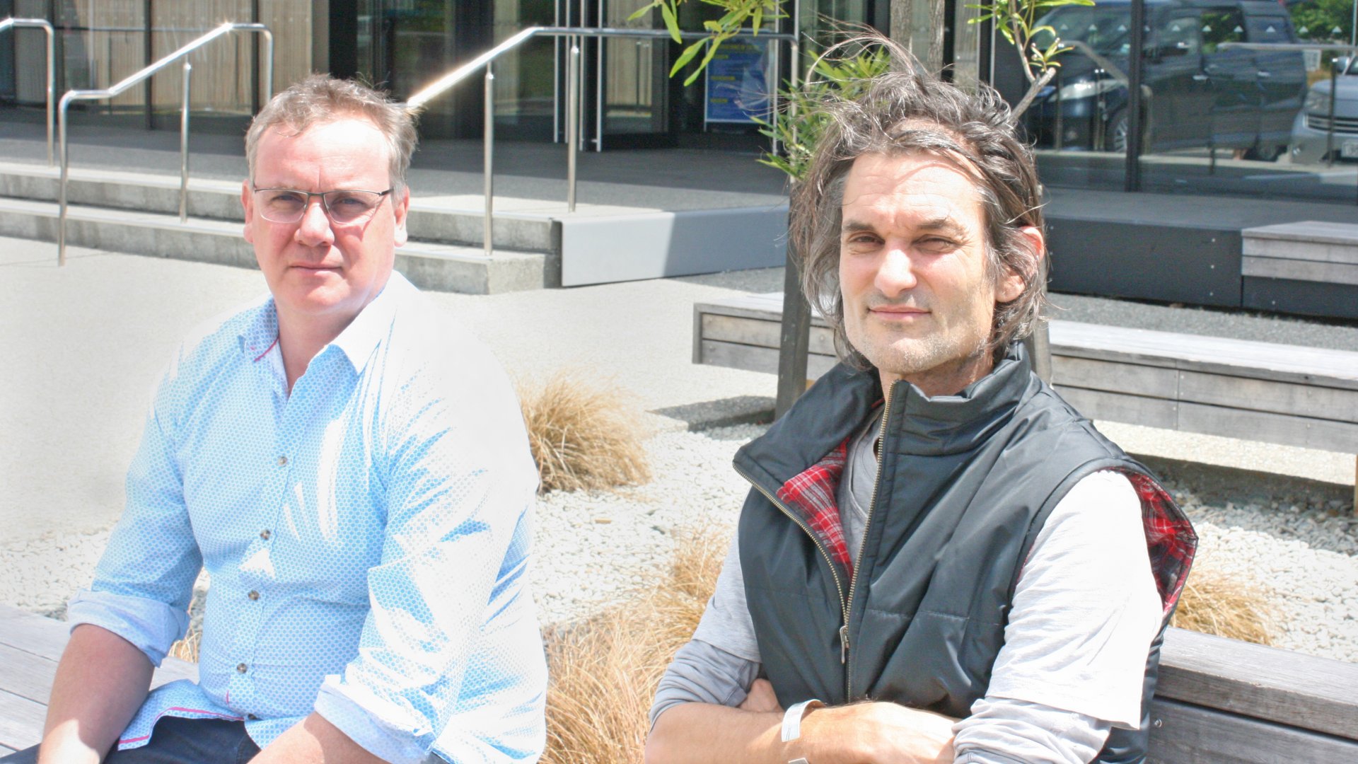 Irving Smith Architects Directors Andrew Irving and Jeremy Smith outside the Trafalgar Centre.