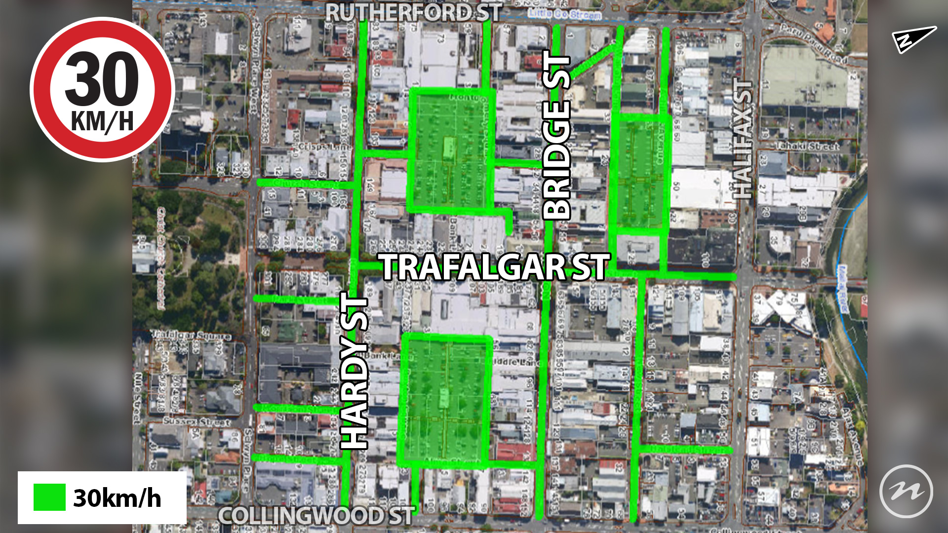 The green represents the Nelson city centre streets which will be 30km/hr from Saturday 9 May.